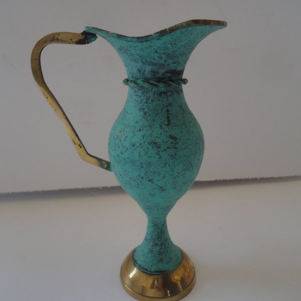 Vintage Small Brass Greenish Blue Patina Pitcher Made in India, Brass Pitcher, Brass Vase, Collectible Brass, Greenish Blue Metal Vase