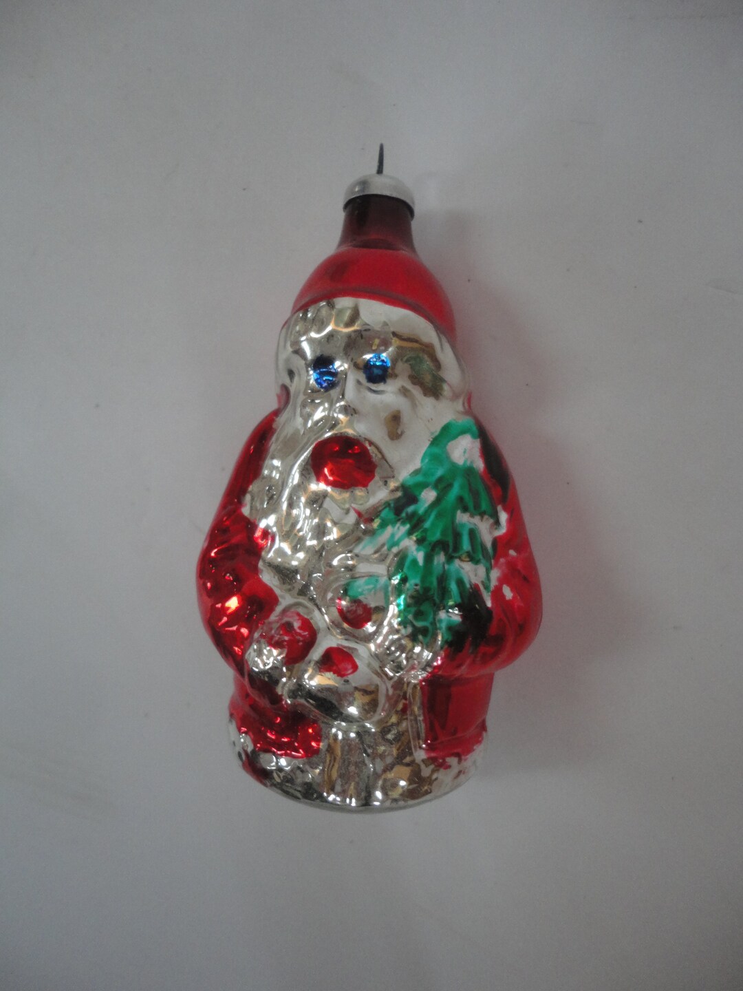 Vintage Mercury Glass Red Silver Green Santa Christmas Ornament Made in ...