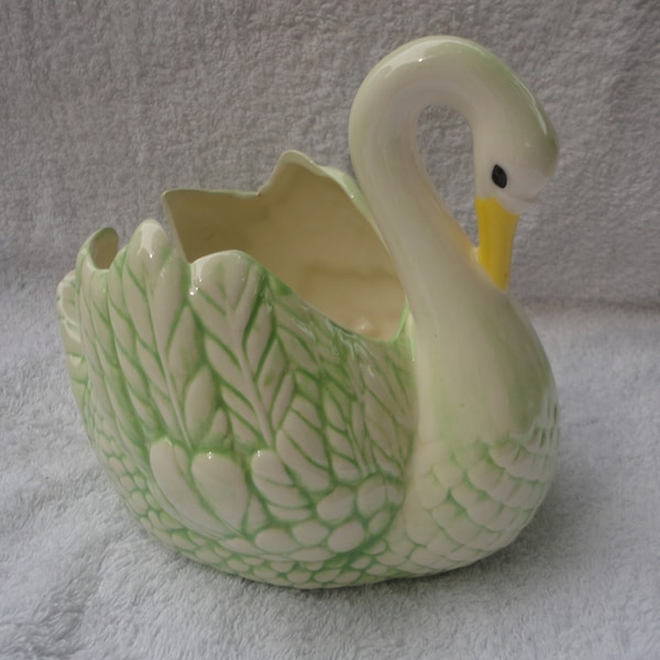 Vintage Holland Mold Ceramic Swan Planter, Swan, Swan Planter, Ceramic Swan, Indoor Ceramic Swan Planter, Air Plants, White Green Swan