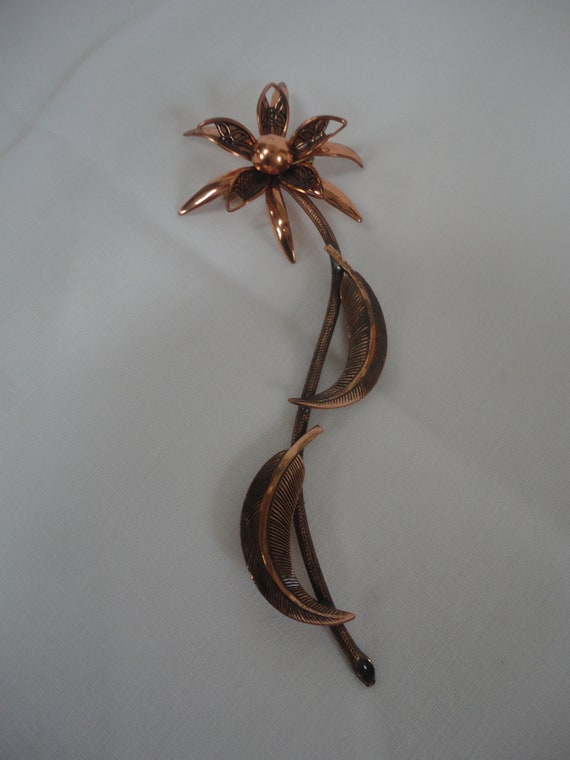 Vintage Long Stem Etched Copper Floral Brooch, MCM