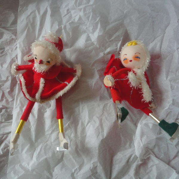 Vintage Felt Chenille Santa Mrs Claus on Skates Christmas Ornaments Made in Japan, Mr Mrs Claus Skating, Santa Ornament, Santa Mrs Claus