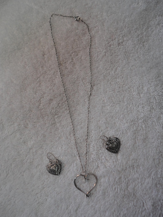 Vintage Sterling Silver Handmade Heart Pendant and Heart Earring, Valentine Silver Heart Jewelry, Silver Heart Pendant,Silver Heart Earrings