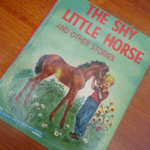 Puede incluir: Un libro infantil vintage titulado "The Shy Little Horse and Other Stories". La portada presenta un fondo verde con un caballo marrón y un niño pequeño con pantalones vaqueros azules. El libro tiene una etiqueta azul y blanca que dice "28 Books - With the Washable Covers".