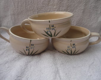 Vintage Heavy Large Studio Pottery Floral Soup Bowls with Handles, Pottery Soup Bowls, Stoneware Handle Bowls, Pottery Floral Mugs, Pottery