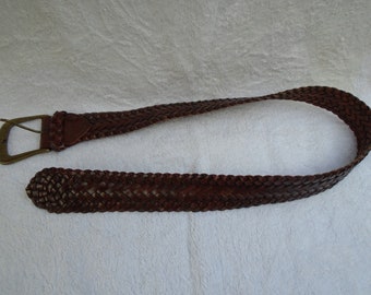 Vintage Brown Leather Braided Belt with Brass Buckle Made in Mexico, Brown Leather Braided Belt, Unisex Leather Braided Belt, Leather Belt