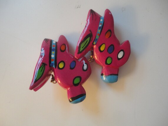 Vintage Hand Painted Hot Pink Wood Bunny Earrings… - image 4