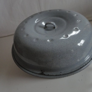 May include: A light blue enamel covered pot with a single handle and a lid with a small handle. The lid has a series of small holes around the edge.