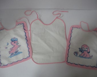 Vintage Terriprint Co of New York Terrycloth and Cotton Pink White Blue Baby Bibs, Girl Baby Bibs, Puppy Pink Baby Bib, Pink Bird Baby Bib
