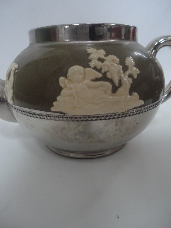 Vintage Gibsons Staffordshire Jasperware Green Silver Teapot Made 