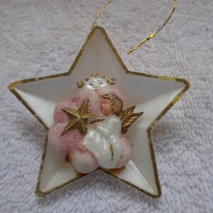 Vintage White Gold Edged Plastic Star with Pink Angel and Man in the Moon Ornament West Germany, Pink Angel Ornament, Angel, Star Ornament
