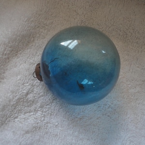 Vintage Unsilver Blue Glass Tinsel War Ear Christmas Ornament Made in US of A, Coring Glass Ornament, Unsilver Blue Glass Ornament, Jumbo