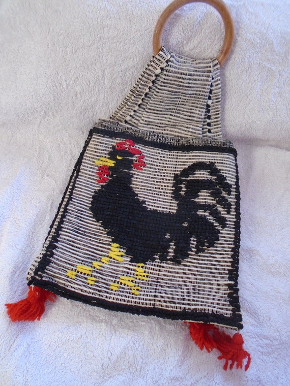 Vintage Red Black Yellow Woven Rooster Saddlebag w