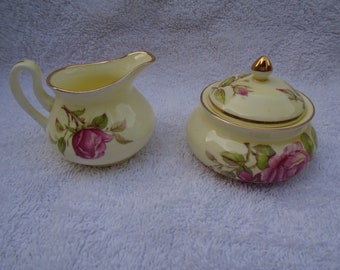 Vintage Fine Bone China Crown Pale Yellow Pink Rose Miniature Sugar and Creamer Made in England, Staffordshire China, Pale Yellow Pink Rose
