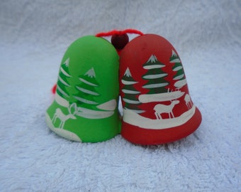 Vintage Handmade Pottery Red Green Bell Evergreen Tree Deer Roaming Ornament, White Deer, Rustic Ornament, Rustic Christmas, Ornament, Deer