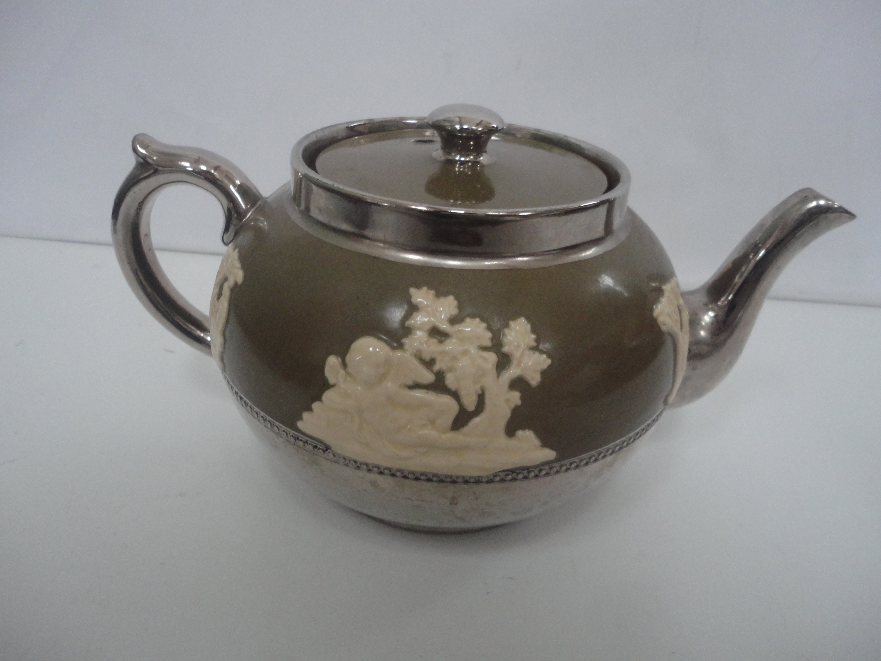 Vintage Gibsons Staffordshire Jasperware Green Silver Teapot Made 