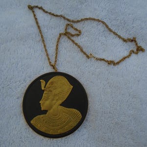 Vintage Wedgwood Black Basalt Jasperware King Tut with 24kt Gold Chain, Egyptian Gilt Relief King Tut Pendant, Wedgwood Japserware Pendant
