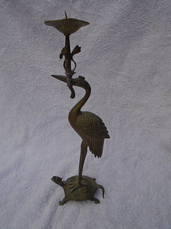 Vintage Fritz Brass Crane of Turtle Candleholder From