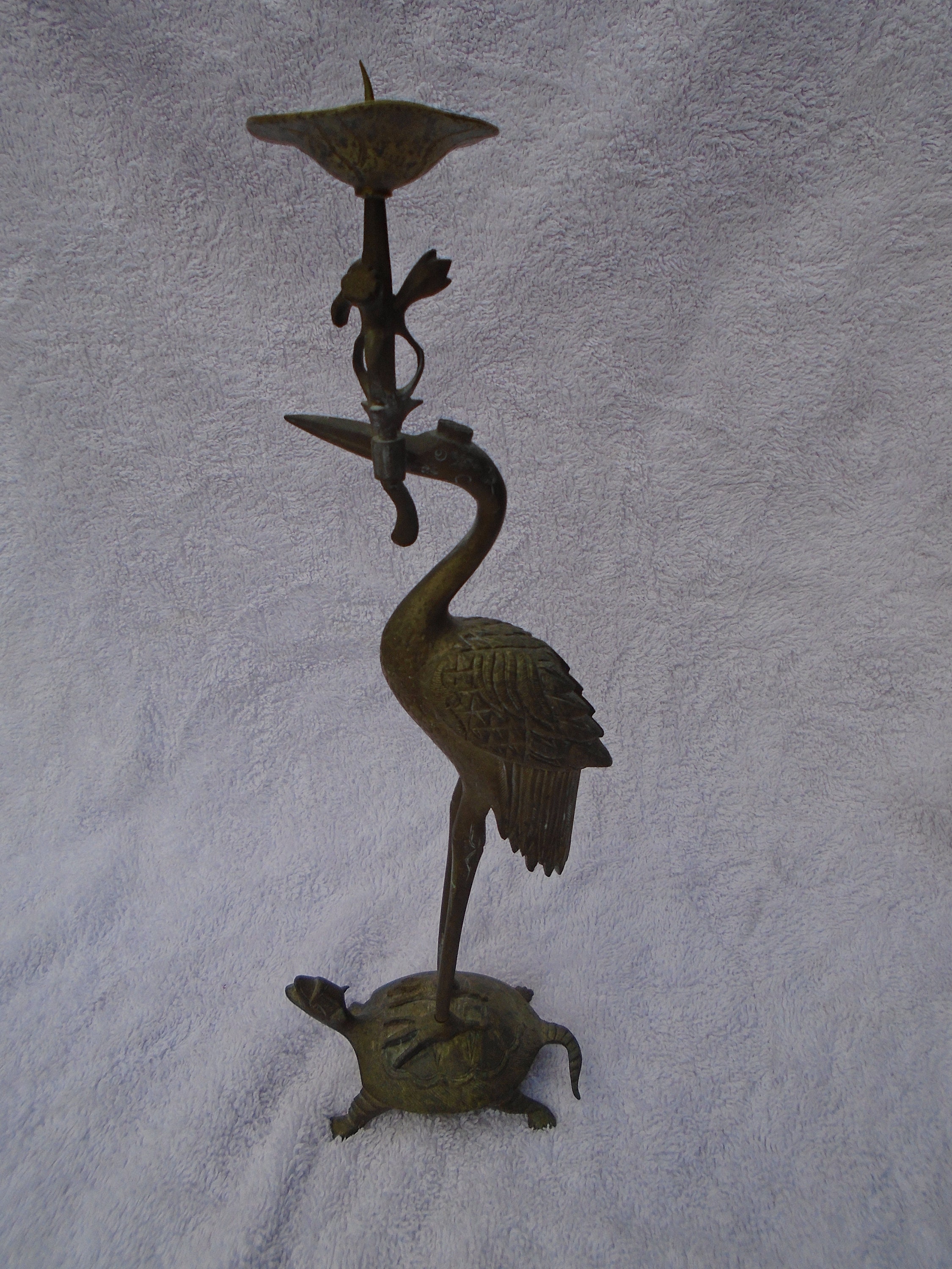 Vintage Pair Fritz Brass Crane of Turtle Candleholder From