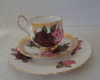 Vintage Elizabethan Fine Bone China Footed Rose Tea Cup Set,  3 Piece Pink Red Gold Tea Cup, Footed Tea Cup, Royal Imperial, Elizabethan