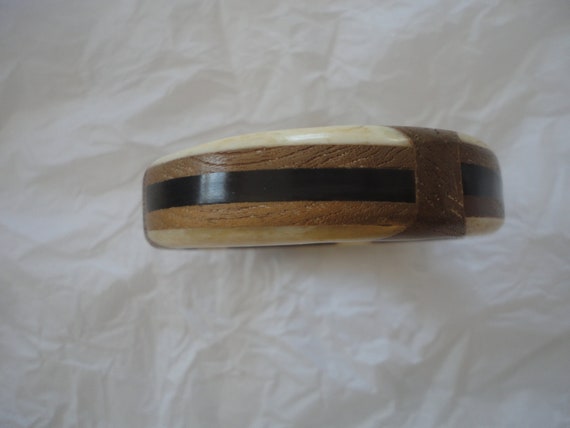 Vintage Handmade Inlaid Brown Tone Wood Bangle Br… - image 3