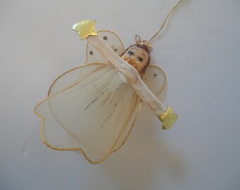 Vintage Tulle Net Wing Spun Cotton White  Gold Angel Ornament, Tulle Angel, Net Wing Angel, Christmas Angel, Angel, Angel Ornament, Angel