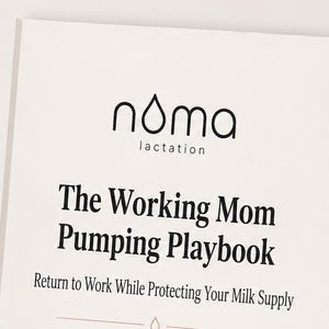 May include: A 34-page digital guide titled Working Mom Pumping Playbook, featuring the subtitle Return to Work While Protecting Your Milk Supply. The document includes sections on schedules, scripts, storage, pumps, and weaning, presented in a clean, neutral-toned layout with the Noma Lactation logo.