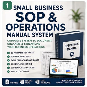 May include: A digital small business SOP and operations manual system featuring a dark blue binder labelled Operations Manual, a laptop displaying an operations dashboard, and printed documents. The text includes 62 printable PDF pages, editable Word files, an Excel operations dashboard, 12 complete sections, SOP templates, and customisation options.