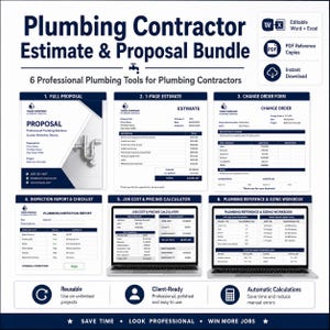 May include: A digital plumbing contractor estimate and proposal bundle featuring six professional documents including a full proposal, one-page estimate, change order form, inspection report, job cost calculator, and a plumbing reference workbook.