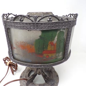Antique curved glass reverse painted cast metal table lamp B
