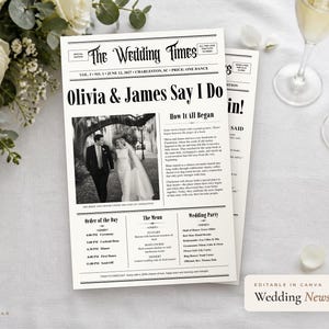 Puede incluir: Un programa de boda con formato de periódico titulado The Wedding Times que incluye una fotografía en blanco y negro de una pareja, texto con el horario, menú y cortejo nupcial, impreso en papel blanco con tinta negra.