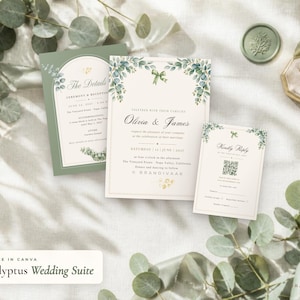 Puede incluir: Un juego de invitaciones de boda con tarjetas de color crema, ilustraciones de hojas de eucalipto verdes, un pequeño lazo verde y texto en negro. Las tarjetas incluyen detalles para Olivia y James, una tarjeta de ceremonia y una tarjeta de respuesta con código QR.