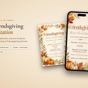 Puede incluir: Una plantilla de invitación digital para Friendsgiving mostrada en la pantalla de un teléfono y una tarjeta impresa, con hojas de otoño y calabazas en acuarela, detallando una cena organizada por Jess y Mike el 21 de noviembre.