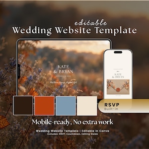 May include: An editable wedding website template displayed on a tablet and smartphone screen. The design features the text Kate & Bryan, October 18 2025, McClure House, Rydal, GA, and RSVP Built-in. A colour palette of dark brown, burnt orange, dusty blue, and cream is shown.