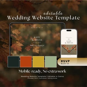 May include: An editable wedding website template displayed on a tablet and smartphone. The screen shows the text Kate & Bryan, October 18 2025, and McClure House, Rydal, GA. A colour palette of dark green, burnt orange, gold, and sage green is included.