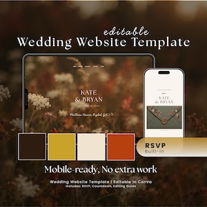 May include: An editable wedding website template displayed on a tablet and smartphone. The screen shows the text Kate & Bryan, October 18 2025, and McClure House, Rydal, GA. A color palette of dark brown, gold, cream, and burnt orange is included.