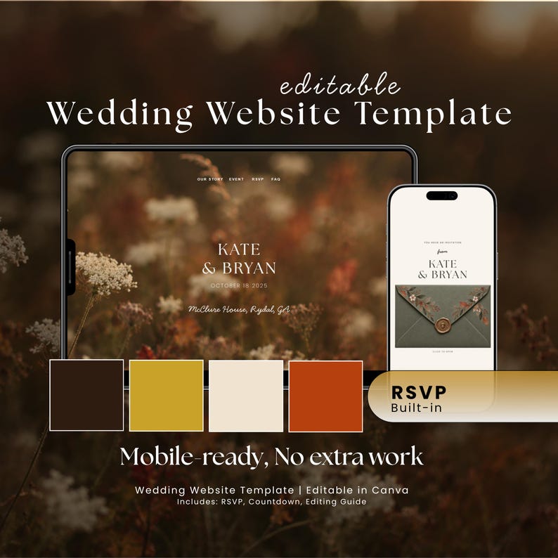 May include: An editable wedding website template displayed on a tablet and smartphone. The screen shows the text Kate & Bryan, October 18 2025, and McClure House, Rydal, GA. A colour palette of dark brown, gold, cream, and burnt orange is included.