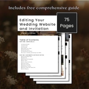 May include: A 75-page digital guide titled Editing Your Wedding Website and Invitation, featuring a table of contents that lists Canva skills and website sections including The Envelope Page, Welcome, Our Story, and Gift Registry.