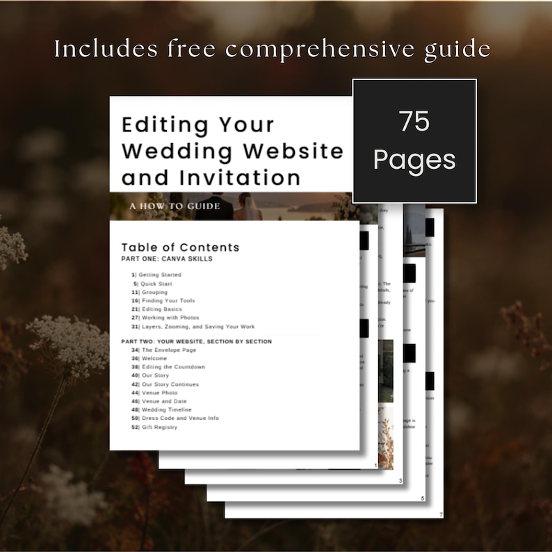 May include: A 75-page digital guide titled Editing Your Wedding Website and Invitation, featuring a table of contents that lists Canva skills and website sections including The Envelope Page, Welcome, Our Story, and Gift Registry.