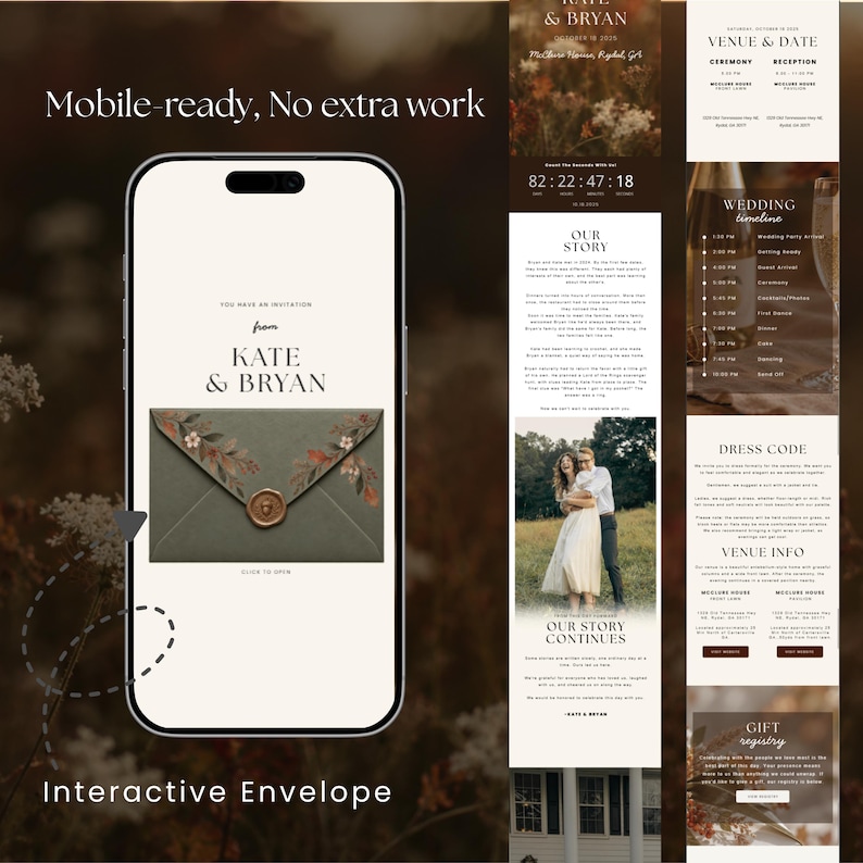 May include: A digital wedding invitation displayed on a smartphone screen, featuring an interactive sage green envelope with floral illustrations and a wax seal. The screen displays the text 'You have an invitation from Kate & Bryan'.