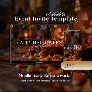 Zuckermais | Canva-Website-Vorlage | Halloween-Einladung | Individuelles Foto | Datum & Uhrzeit | Rückmeldung | Veranstaltungsinformationen | Digitale Einladung