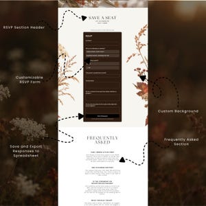 May include: A digital wedding RSVP template featuring a cream background with botanical illustrations. The layout includes a dark brown RSVP form with fields for guest names and dietary needs, followed by a Frequently Asked Questions section.