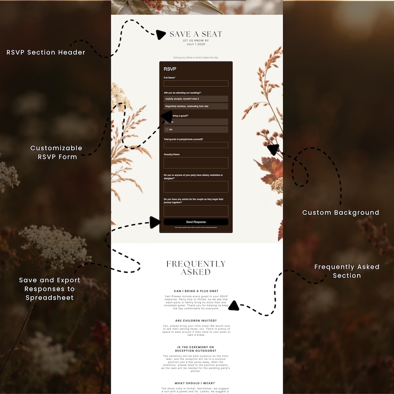 May include: A digital wedding RSVP template featuring a cream background with botanical illustrations. The layout includes a dark brown RSVP form with fields for guest names and dietary needs, followed by a Frequently Asked Questions section.