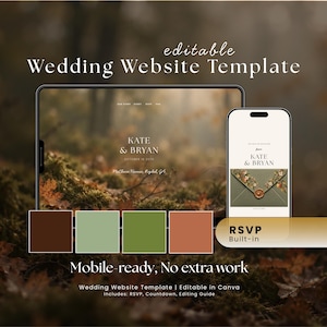May include: An editable wedding website template displayed on a tablet and smartphone screen. The design features the text Kate & Bryan, October 18 2025, and McClure House, Rydal, GA. Includes a colour palette of dark brown, sage, olive, and terracotta.