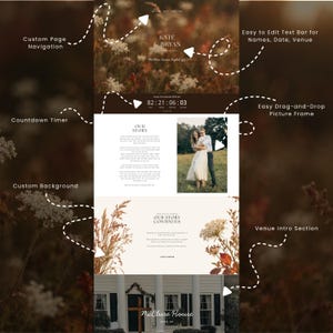 May include: A digital website template for wedding announcements featuring sections for custom page navigation, a countdown timer, editable text bars for names and dates, drag-and-drop picture frames, and a venue intro section.