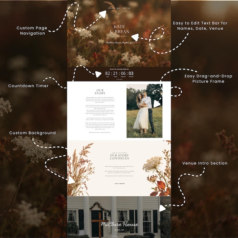 May include: A digital website template for wedding announcements featuring sections for custom page navigation, a countdown timer, editable text bars for names and dates, drag-and-drop picture frames, and a venue intro section.