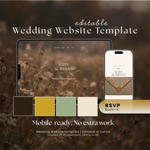 May include: An editable wedding website template displayed on a tablet and smartphone screen. The design features the text Kate & Bryan, October 18, 2025, and McClure House, Rydal, GA. A colour palette of dark brown, mustard yellow, sage green, and cream is shown.