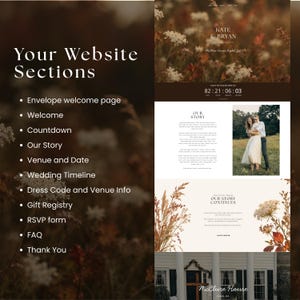 May include: A digital display of a wedding website template featuring sections titled Your Website Sections, Our Story, and Our Story Continues. The layout includes a countdown timer, a photograph of a couple, and floral imagery.