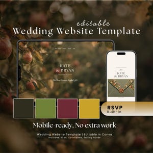 May include: An editable wedding website template displayed on a tablet and smartphone screen. The design features the text Kate & Bryan, October 18 2025, and McClure House, Rydal, GA. Includes a colour palette of dark green, olive, maroon, and gold.