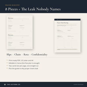 May include: A digital document set titled 8 Pieces + The Leak Nobody Names, featuring two printable templates: a Please pray slip and a Prayer Chain Routing form. The design uses dark blue headers and cream backgrounds with text fields for ministry use.