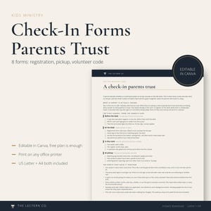 May include: A digital document titled Check-In Forms Parents Trust, featuring a list of eight forms including registration, pickup, and volunteer codes. The page includes sections on parent expectations, check-in procedures, and organizational habits.